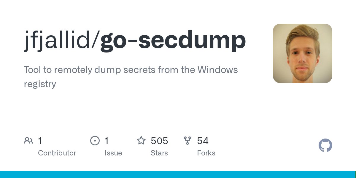 Dinosn's tweet card. Tool to remotely dump secrets from the Windows registry - jfjallid/go-secdump