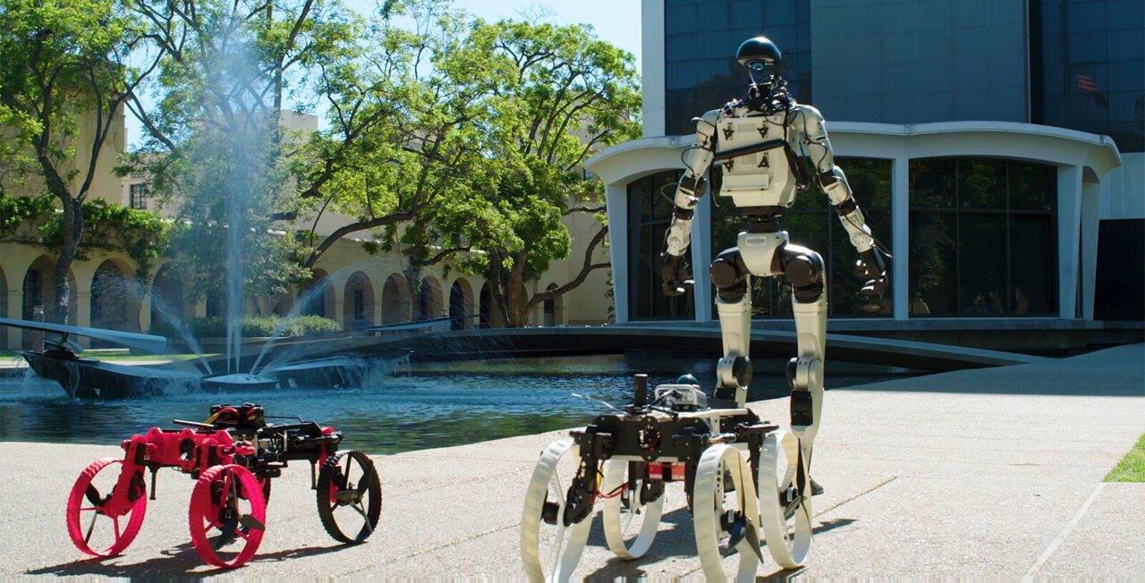 a_costinel's tweet card. Introducing X1: The world's first multirobot system that integrates a humanoid robot with a transforming drone that can launch off the humanoid's back, and later, drive away.