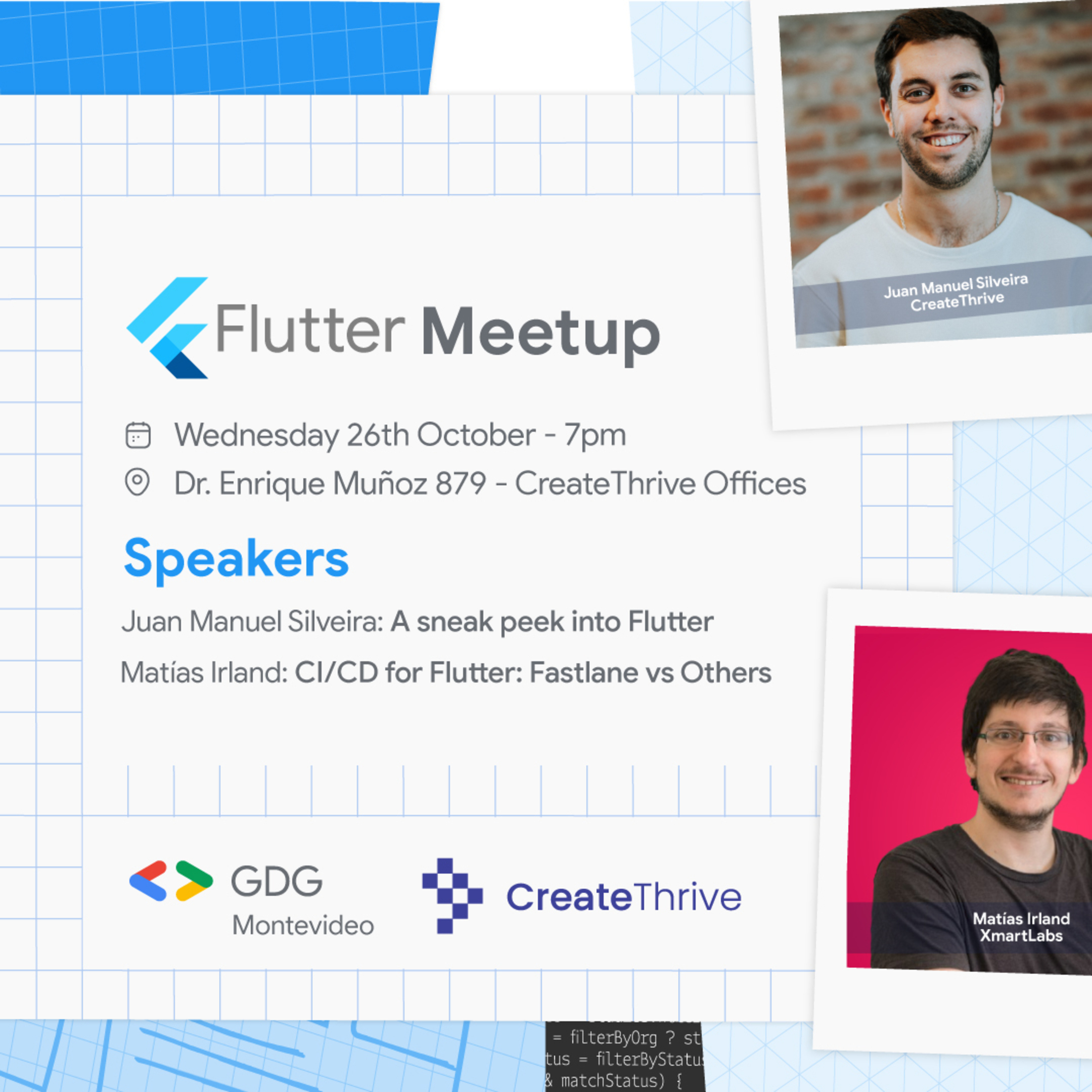 FlutterMvd's tweet card. Hybrid Event - En este evento tendrás una introducción al mundo de Flutter donde aprenderás sus ventajas y mucho más! Luego indagaremos sobre Fastlane, una poderosa herramienta para deployar tus...
