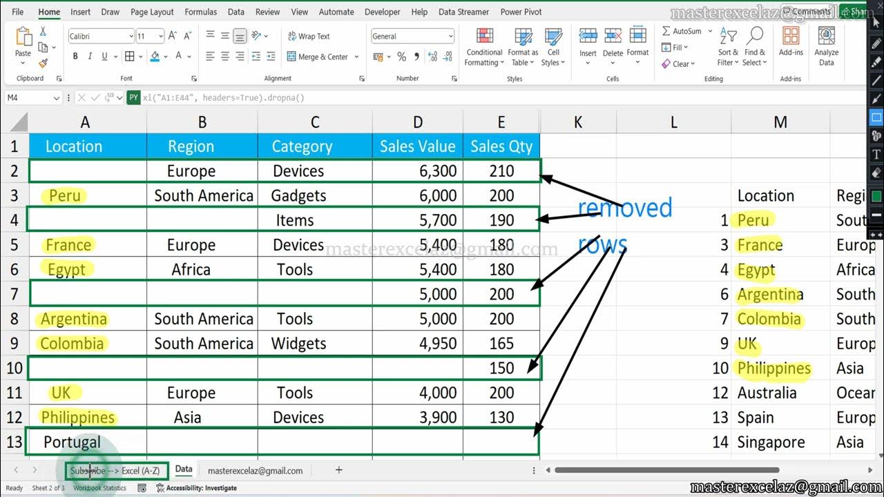 masterexcelaz's tweet card. How to remove rows which have blank cells using python formula in...