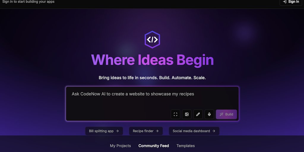 CodeNowAI's tweet card. Turn ideas into production-ready web apps with personalized workflows in minutes with AI. No coding required. Perfect for founders, creators, and product builders.