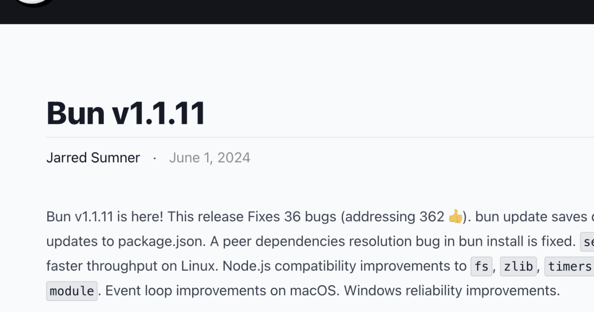 techfeedapp's tweet card. 5月15日、Bunは最新バージョンのBun v1.1.11をリリースした。