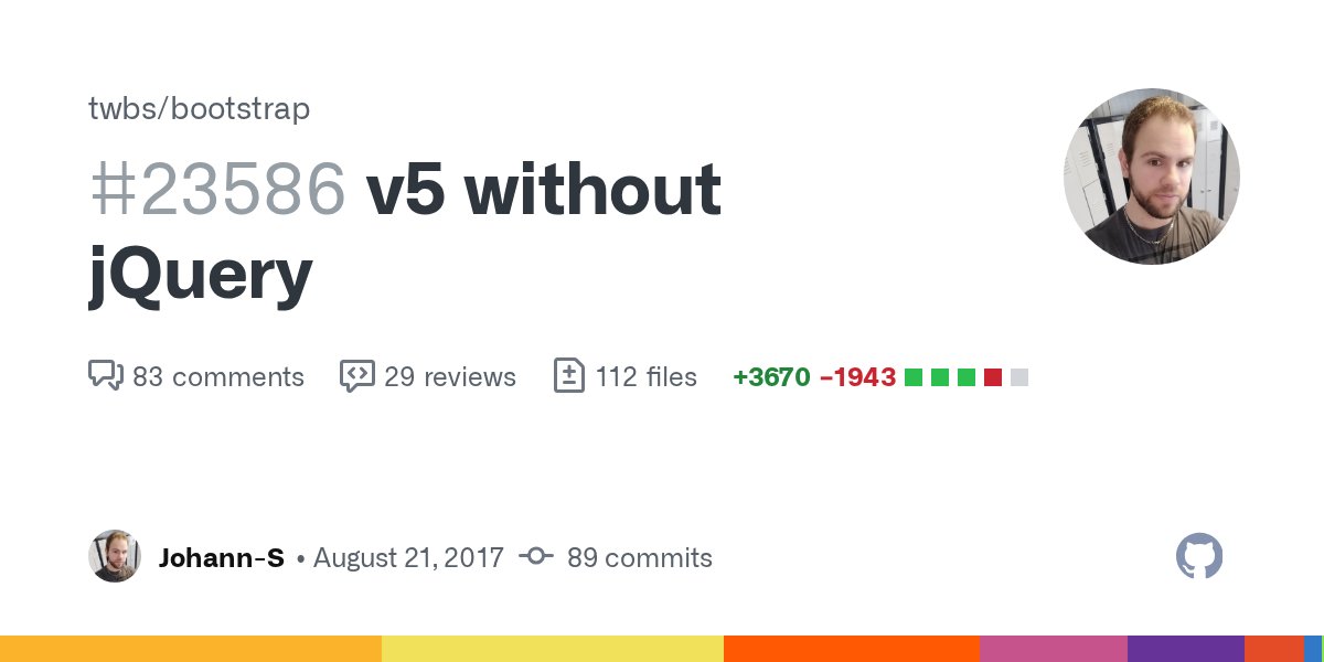 newsycombinator's tweet card. Plugins: Util (Remove jQuery from Util.js #23565) Alert (Removing jQuery from Alert #23596) Button (button: Convert to vanilla JS #23600) Carousel (Removing jQuery from Carousel #23658) Colla...