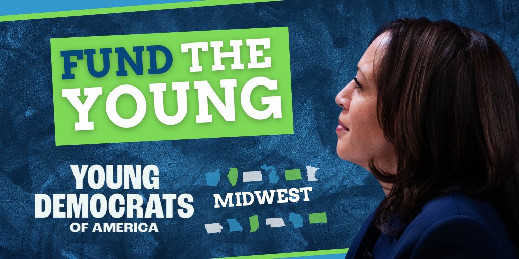 MidwestYoungDem's tweet card. Support Young Dem chapters across the Midwest to elect Kamala Harris in November!