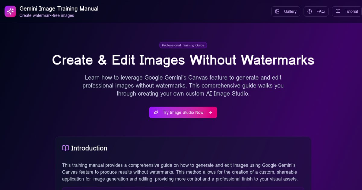 MHombhanje's tweet card. A professional webpage sharing a training manual on creating and editing images in Google Gemini without watermarks