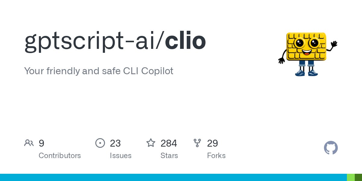 Clio_ai's tweet card. Your friendly and safe CLI Copilot. Contribute to gptscript-ai/clio development by creating an account on GitHub.