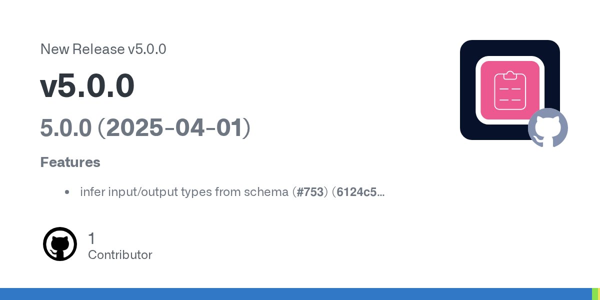HookForm's tweet card. 5.0.0 (2025-04-01) Features infer input/output types from schema (#753) (6124c59) BREAKING CHANGES Requires react-hook-form@7.55.0 or higher Before Prior to V5, some projects used manual types ...