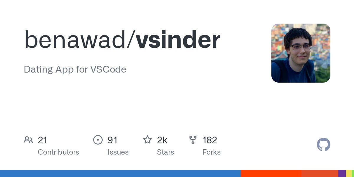 JavaScript1000's tweet card. Dating App for VSCode. Contribute to benawad/vsinder development by creating an account on GitHub.
