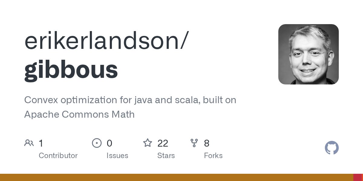 oss_java's tweet card. Convex optimization for java and scala, built on Apache Commons Math - erikerlandson/gibbous