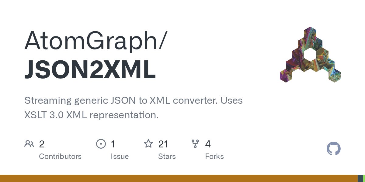 oss_java's tweet card. Streaming generic JSON to XML converter. Uses XSLT 3.0 XML representation. - AtomGraph/JSON2XML