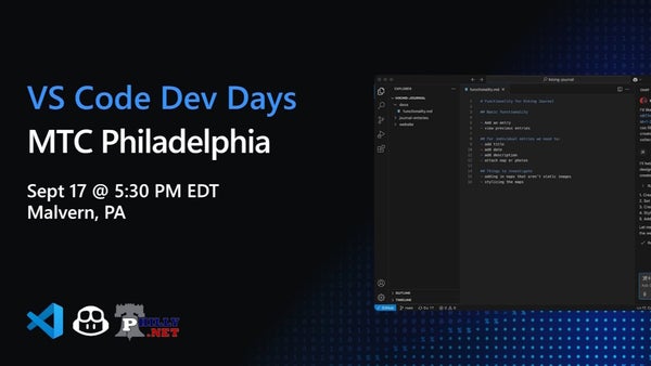 PhillyDotNet's tweet card. Join us for a **hands-on workshop** where you'll learn how to unlock the full potential of **VS Code and GitHub Copilot** and elevate your coding experience. Whether you're