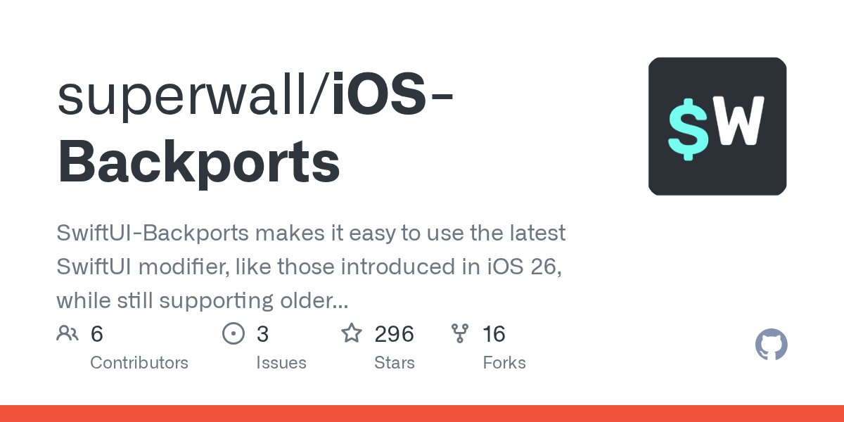 JordanMorgan10's tweet card. SwiftUI-Backports makes it easy to use the latest SwiftUI modifier, like those introduced in iOS 26, while still supporting older iOS versions. With a simple .backport modifier, you can write moder...