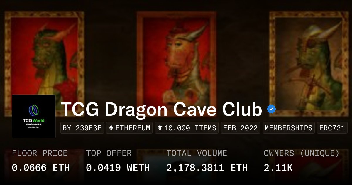 Noiselock1's tweet card. The TCG Dragon Cave Club is a collection of 10,000 Dragon NFTs living on OpenSea with exclusive utility in the Metaverse.