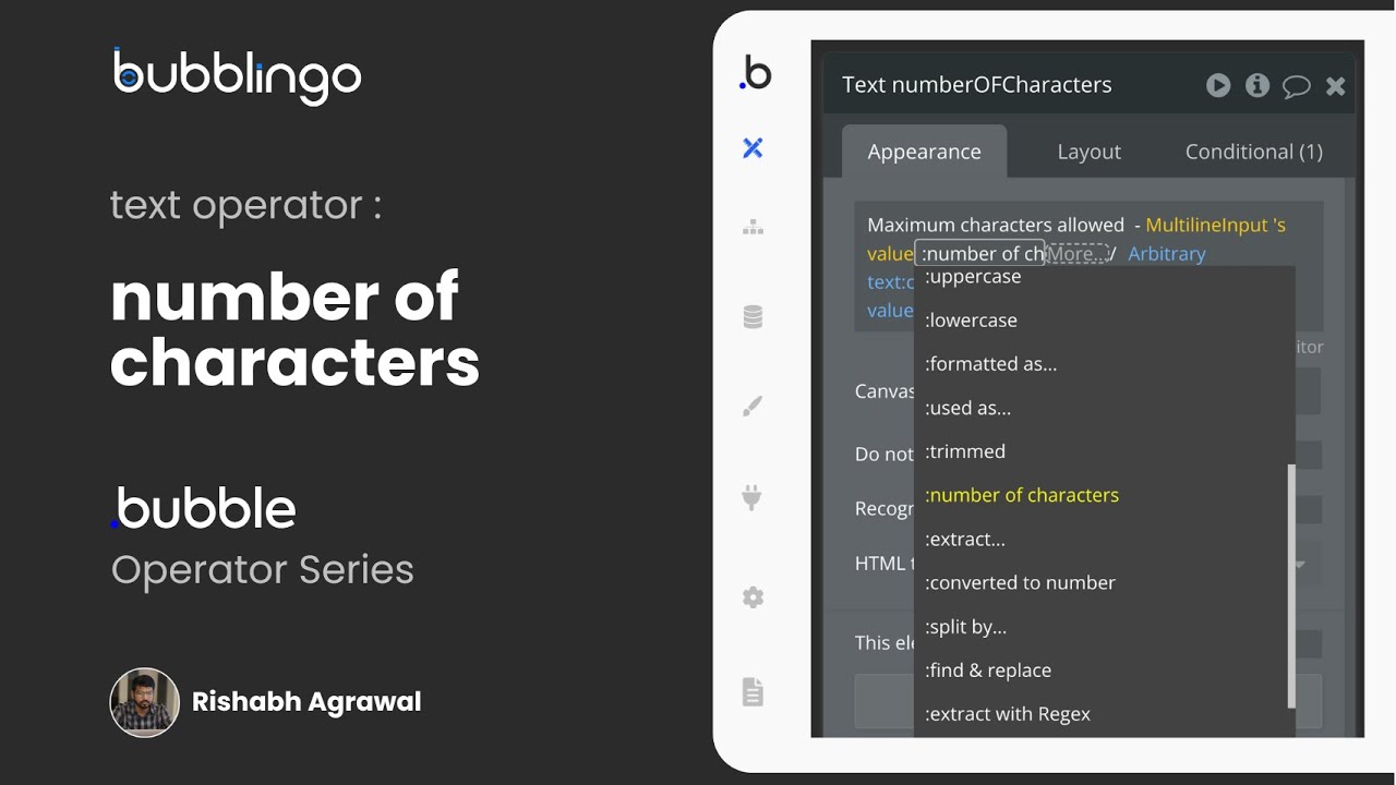 bubblingo_'s tweet card. Number of characters Operator in Bubble - How to use tutorials on...