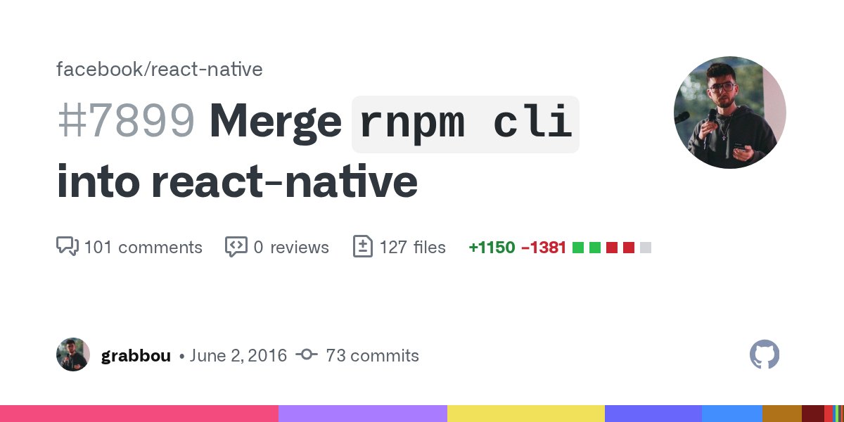 grabbou's tweet card. This is an initial step of rewriting the CLI interface to use rnpm one (commander, plugins etc.). It's scope is to move all existing commands to use rnpm CLI interface, so that we get plugi...