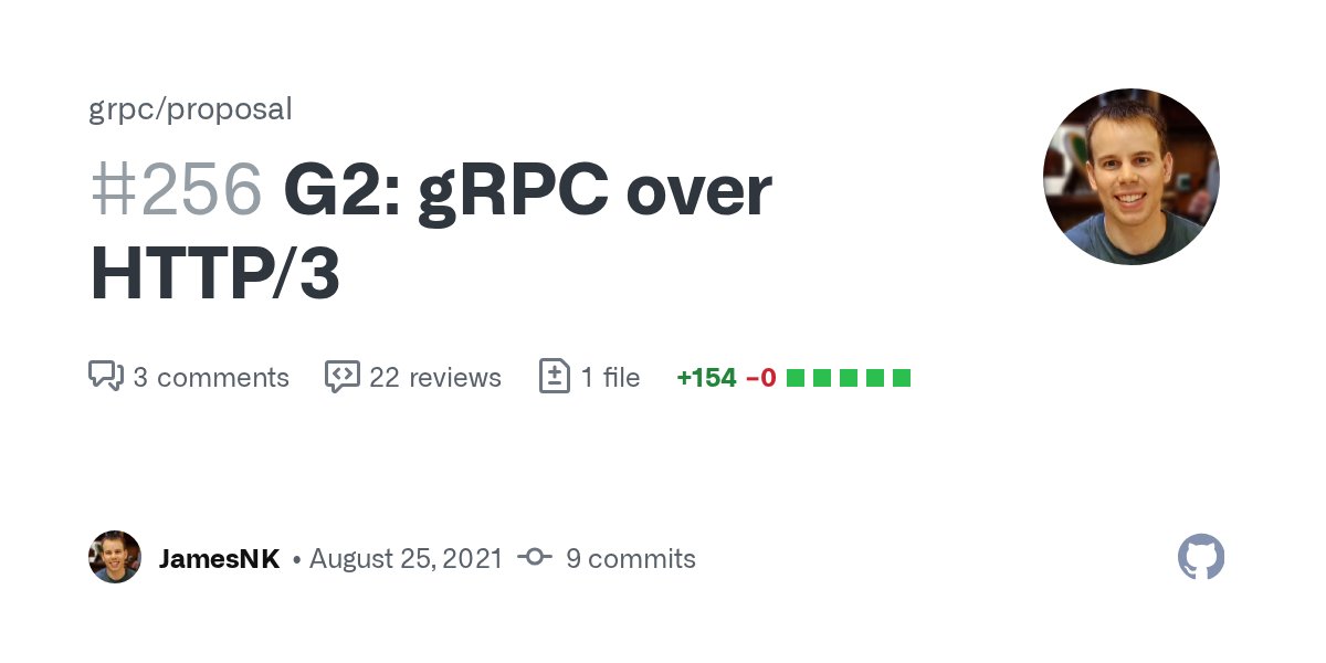 JamesNK's tweet card. A specification for gRPC over HTTP/3. There is a lot of overlap with the content in https://github.com/grpc/grpc/blob/master/doc/PROTOCOL-HTTP2.md. For example, request and response headers are unc...