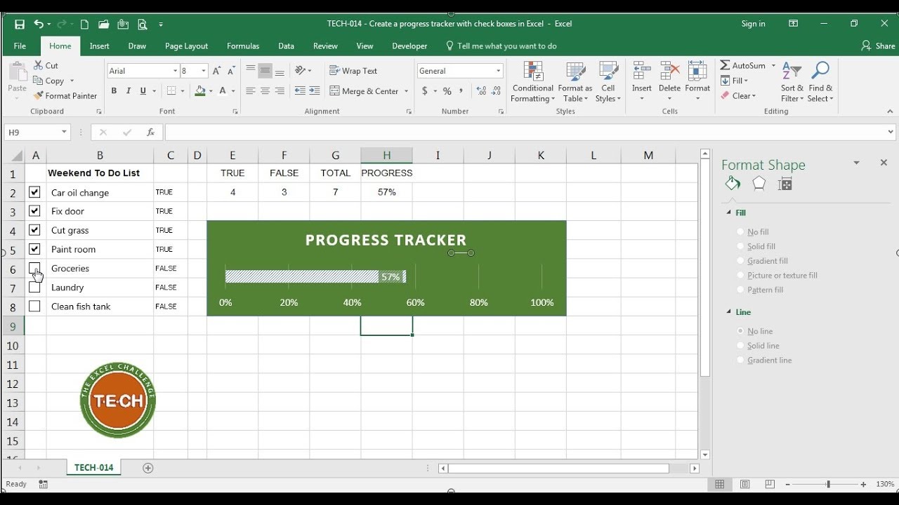excelchallenge's tweet card. TECH-014 - Create a progress tracker with check boxes in Excel