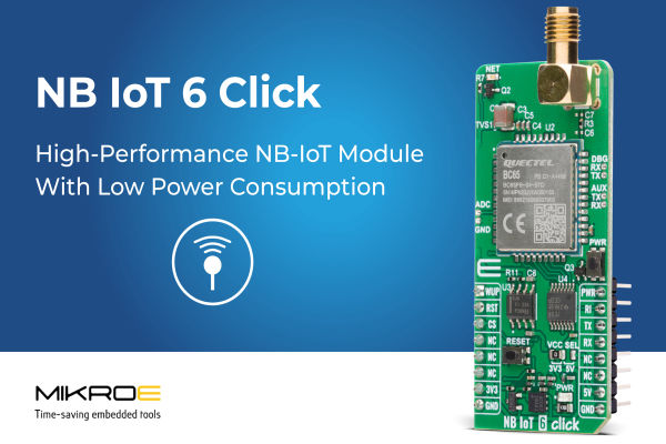 electronic_buzz's tweet card. NB IoT 6 Click is a compact add-on development board that delivers provides reliable narrowband IoT connectivity for embedded applications.