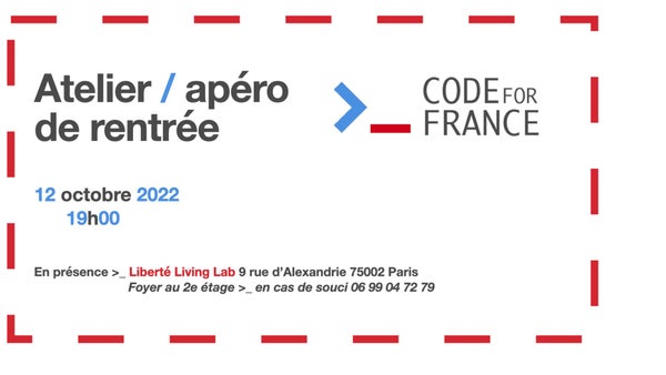 CodeForFR's tweet card. Retrouvez-nous pour l'apéro/atelier de rentrée Code for France ! Après deux années de distance, prenons un verre et discutons de vos projets et attentes pour l'association