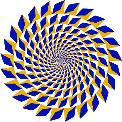 yurrey_p's tweet card. Circular spiral pattern of blue, yellow and white shapes. It seems that they spin slowly. Optical illusion background. Round colored frame.