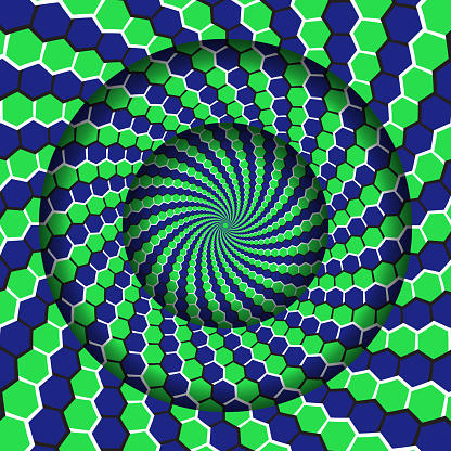 yurrey_p's tweet card. Abstract round frame with a moving green blue hexagons spiral pattern. Optical illusion hypnotic background.