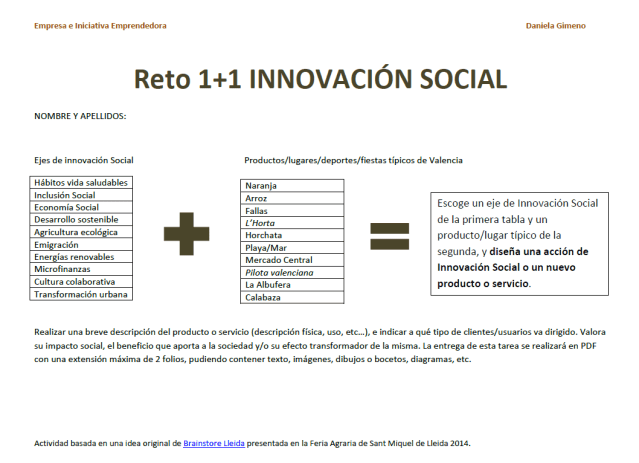 Reto_Lab's tweet card. El Reto 1+1 de Innovación Social consiste en un ejercicio de creatividad, diseñado por Daniela Gimeno en el curso «Emprendimiento Social: El reto de la transformación social» impartido en el CEFIRE…