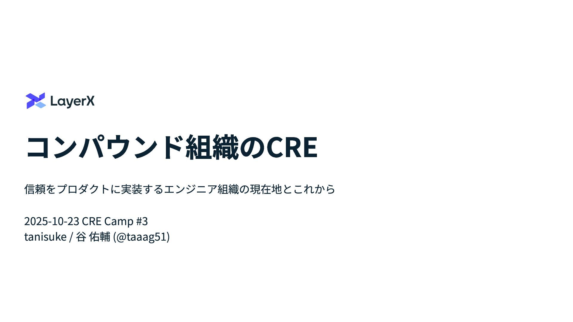 tech_slideshare's tweet card. 「CRE Camp #3 ユーザー信頼性を支える現場の知見LT大会」にてLayerX バクラク事業部 CRE 谷 (@taaag51) が登壇した際の発表資料です。 https://cre-camp.connpass.com/…