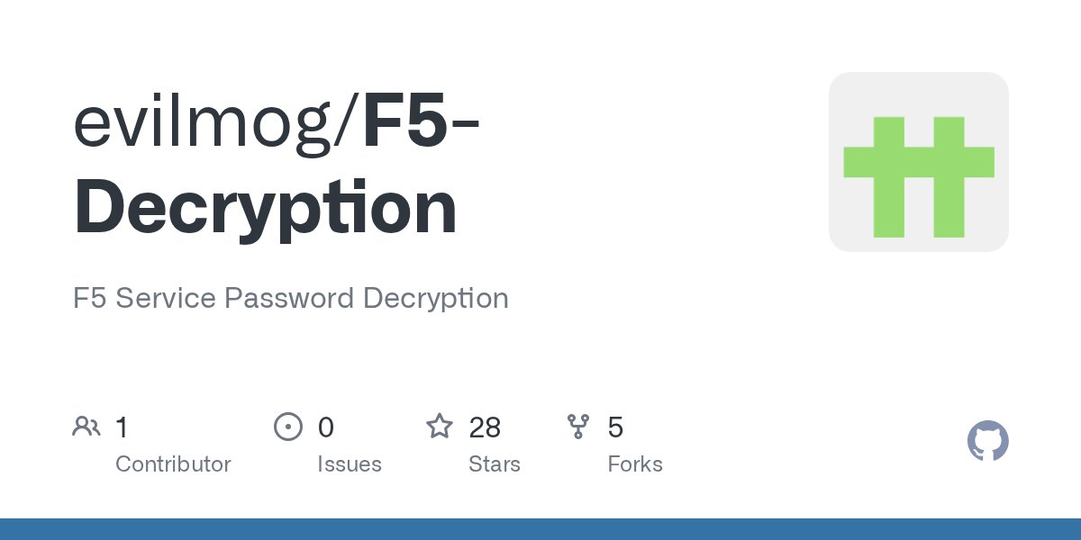 Evil_Mog's tweet card. F5 Service Password Decryption. Contribute to evilmog/F5-Decryption development by creating an account on GitHub.