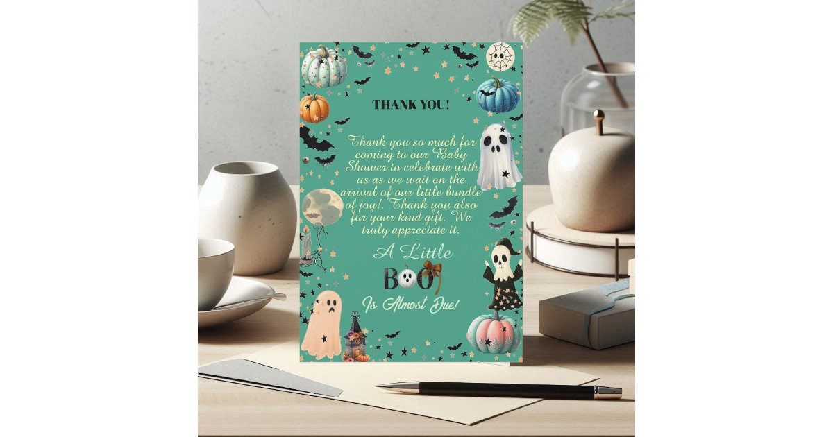 OrchidSea's tweet card. "Little BOO is due" Baby Shower watercolor Thank You card with shining pumpkins. The illustration features cute ghosts in orange, black and white, naughty jack o lantern pumpkins in orange, blue and...