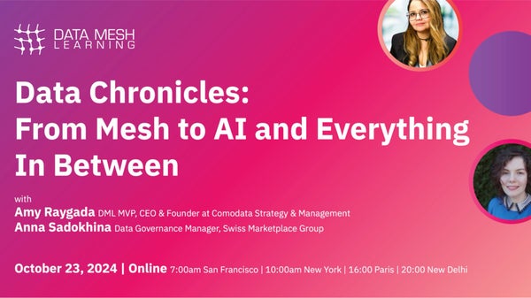 data_mesh_learn's tweet card. **Title:** **Data Chronicles - From Mesh to AI and Everything In Between (Episode 4)** Join us for this month’s live episode of Data Chronicles: From Mesh to AI and Everyt