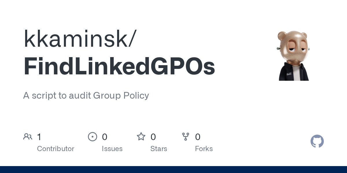 kkaminsk's tweet card. A script to audit Group Policy. Contribute to kkaminsk/FindLinkedGPOs development by creating an account on GitHub.