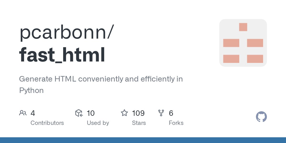 pycoders's tweet card. Generate HTML conveniently and efficiently in Python - pcarbonn/fast_html