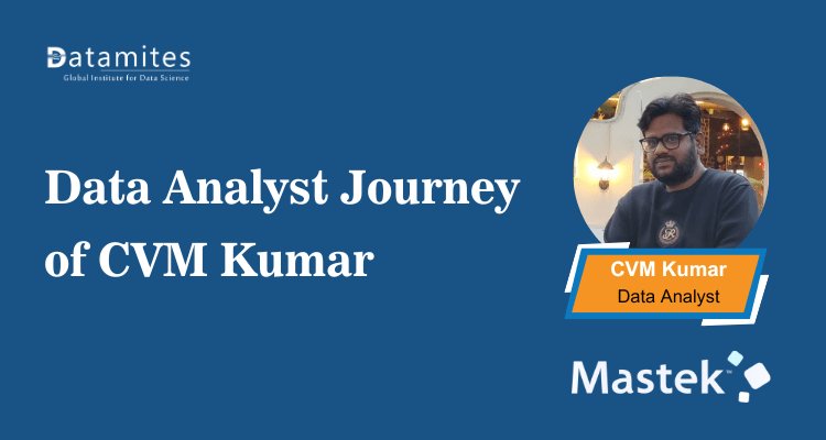 DataMites's tweet card. Discover CVM Kumar’s inspiring DataMites success story: from a commerce MBA to a skilled data analyst. Learn how structured training, Python, SQL, Power BI, and persistence can help you excel in data...