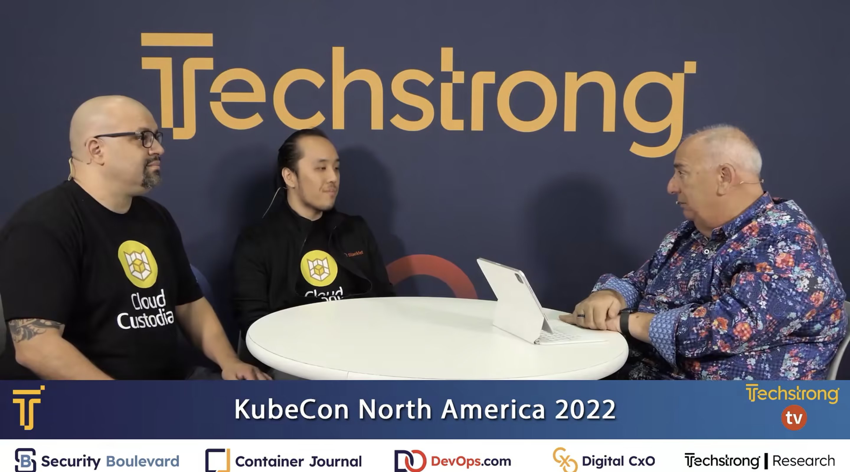 TechstrongTV's tweet card. Sonny Shi, principal engineer at Stacklet, and Jorge Castro, community manager at Stacklet, join Alan Shimel at KubeCon to discuss cloud custodian, a rules engine for cloud that ensures a compliant,...