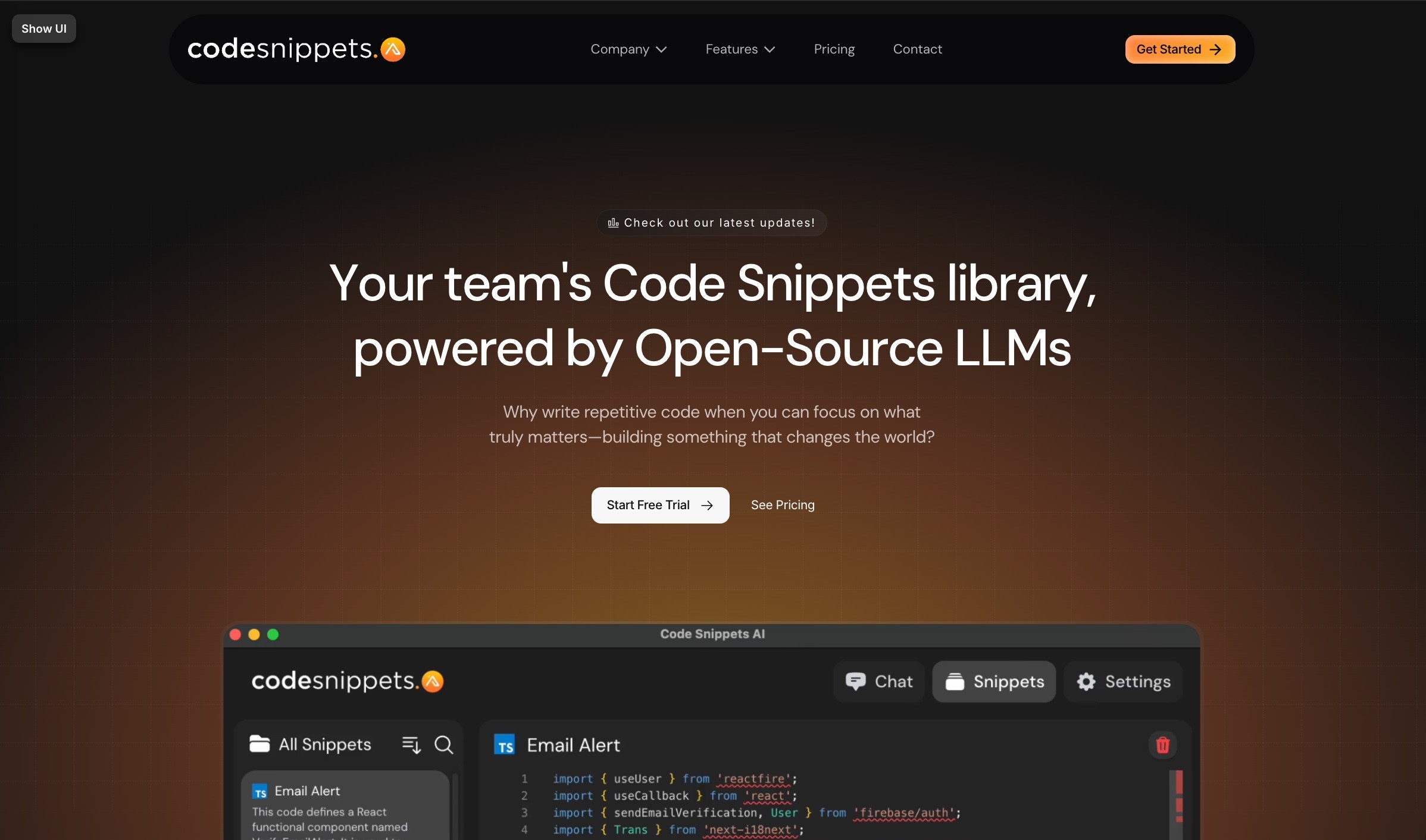 codesnippets_ai's tweet card. Contextually-rich AI chats, integrated with your secure code snippets library. Build new features, fix bugs, //add comments and understand your codebase.