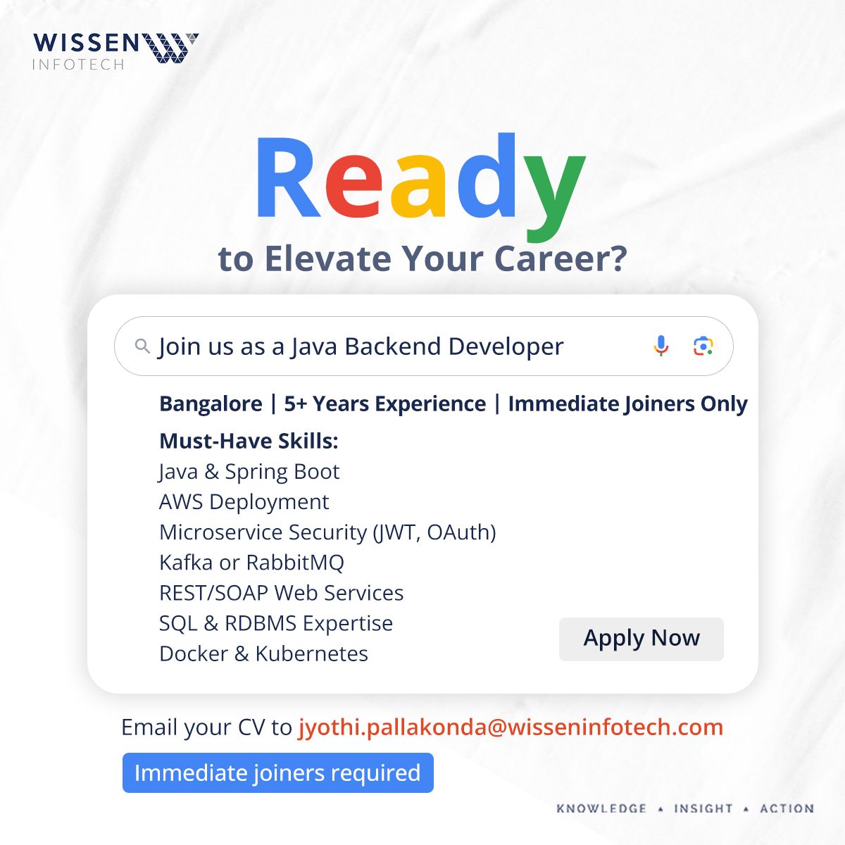 Wissen_WIPL's tweet card. We are hiring a 𝐉𝐚𝐯𝐚 𝐁𝐚𝐜𝐤𝐞𝐧𝐝 𝐃𝐞𝐯𝐞𝐥𝐨𝐩𝐞𝐫 for our dynamic team in Bangalore! If you have 5+ years of experience in Java, with 4+ years working on microservices and Spring Cloud, and...