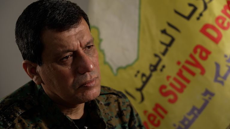 SkyNews's tweet card. General Abdi Mazloum, the commander-in-chief of the Syrian Democratic Forces (SDF) - a mostly Kurdish fighting force backed and trained by the US, which helped defeat ISIS in Syria - says it's...