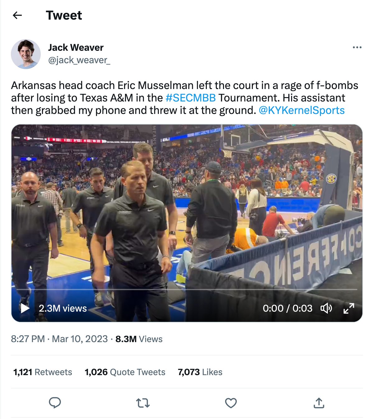 KyKernel's tweet card. A video from a Kentucky Kernel photographer has gone viral after a member of the University of Arkansas mens basketball coaching staff appeared to grab his phone to stop the photographer from...