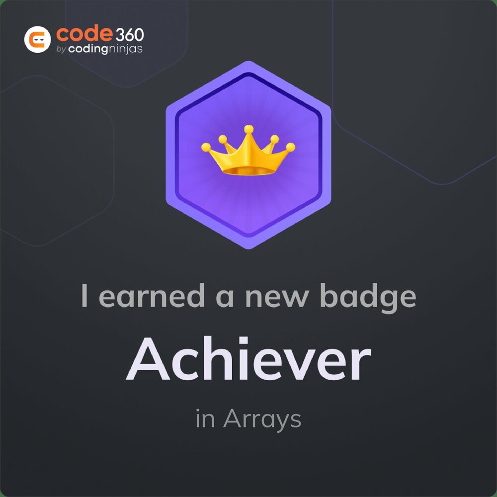 jain_lakshit_17's tweet card. Congrats on earning your Achiever in Arrays on Coding Ninjas Studio! 🌟 Showcase your hard-earned skills and knowledge with your network by sharing this badge. Keep learning and level up your career!...