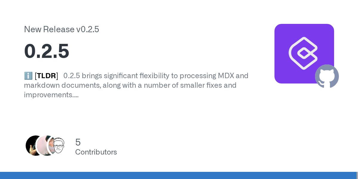 contentlayerdev's tweet card. ℹ️ [TLDR] 0.2.5 brings significant flexibility to processing MDX and markdown documents, along with a number of smaller fixes and improvements. ✨ Markdown Processing Contentlayer now supports cust...
