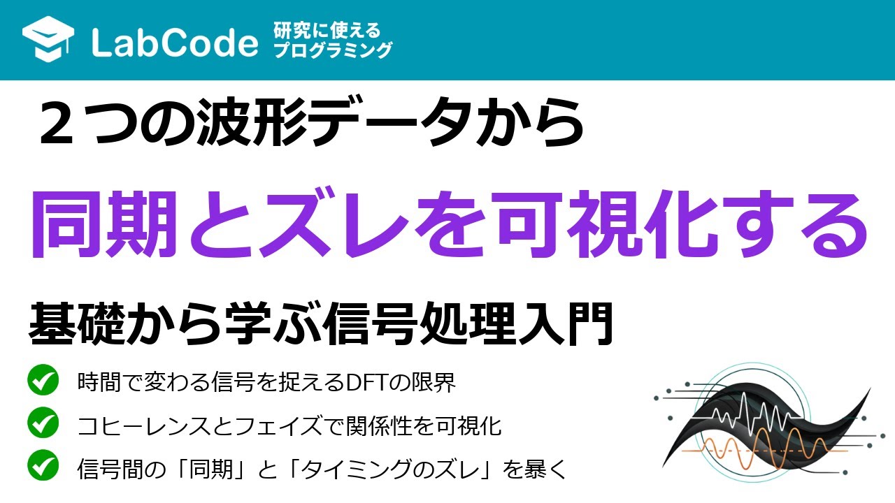 LabCodeBlog's tweet card. 【フーリエ・ウェーブレット解析入門 #5】Python信号処理：短時間フーリエ変換(STFT)とコヒーレンス・フェイズ解析の実践