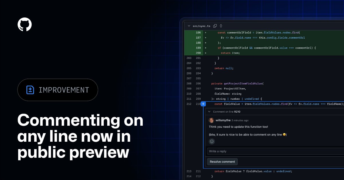 progfay's tweet card. Comment on any line now available in the new "Files changed" page public preview!