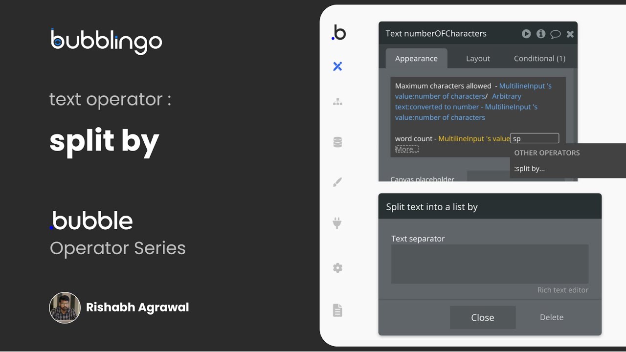 bubblingo_'s tweet card. Split by Operator in Bubble - How to use tutorials on Operators in...