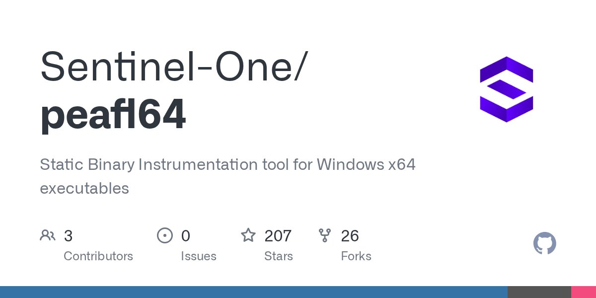 PythonArsenal's tweet card. Static Binary Instrumentation tool for Windows x64 executables - Sentinel-One/peafl64