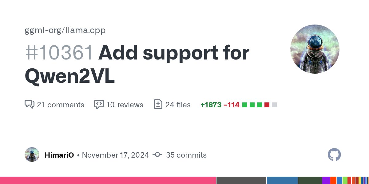 x86developer's tweet card. This PR implements the Qwen2VL model as requested at #9246 . The main changes include: Add m-RoPE and vision RoPE mode to current RoPE OP in CPU and CUDA backend Add llama_context.n_pos_per_token ...