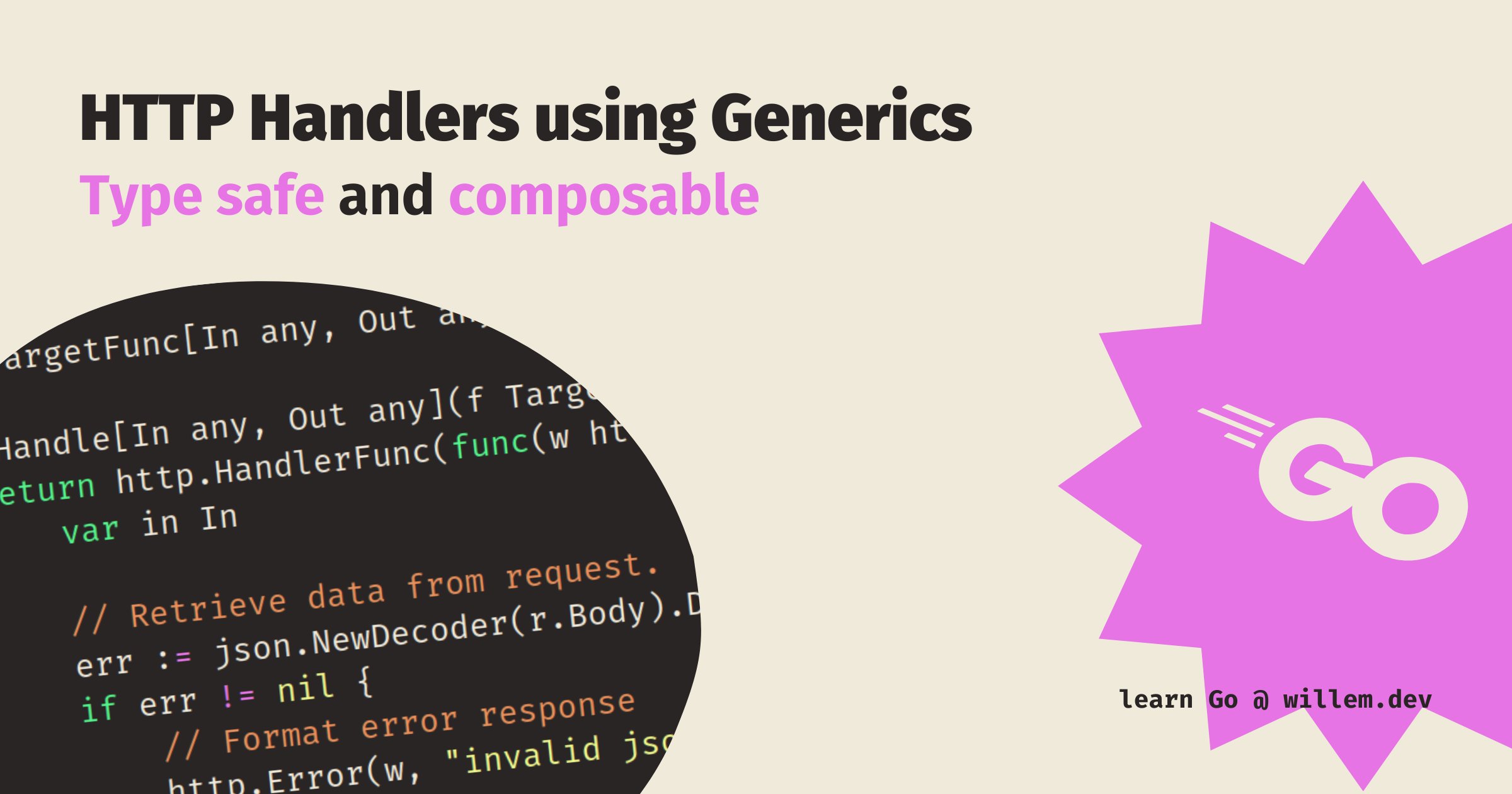 Elliot_F's tweet card. Implementing HTTP handlers in Go can be a bit of a chore. Make development a bit easier by building generic HTTP handlers.