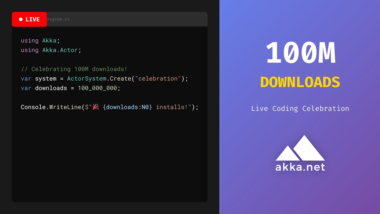 Aaronontheweb's tweet card. Akka.NET 100 Million Downloads Live Coding Extravaganza