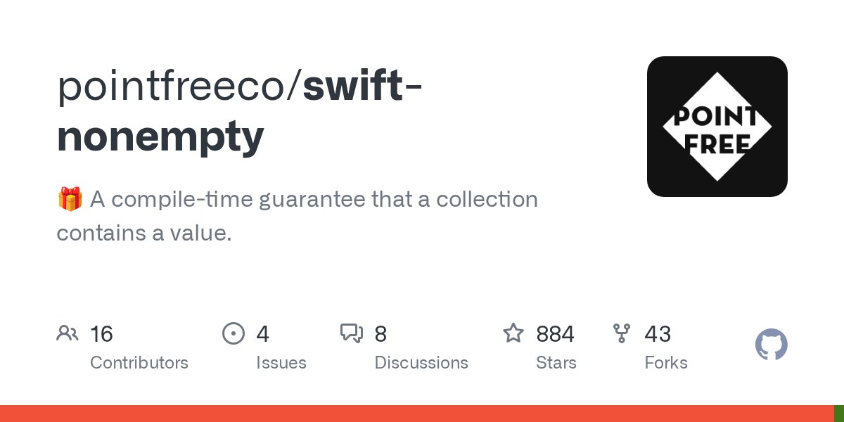 iOSCookies's tweet card. 🎁 A compile-time guarantee that a collection contains a value. - pointfreeco/swift-nonempty