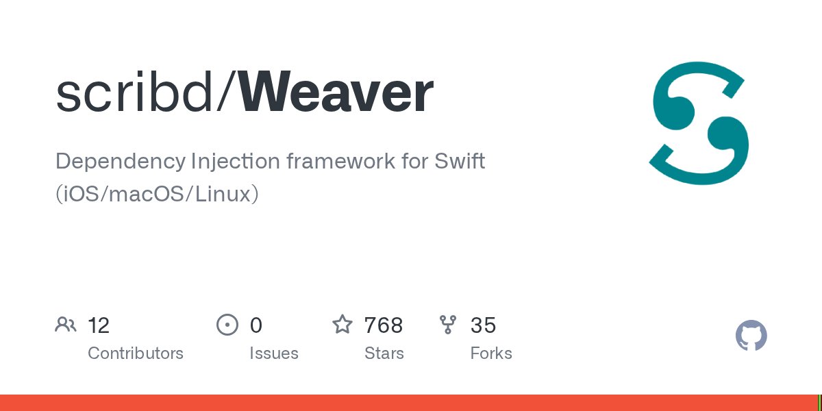 iOSCookies's tweet card. Dependency Injection framework for Swift (iOS/macOS/Linux) - scribd/Weaver