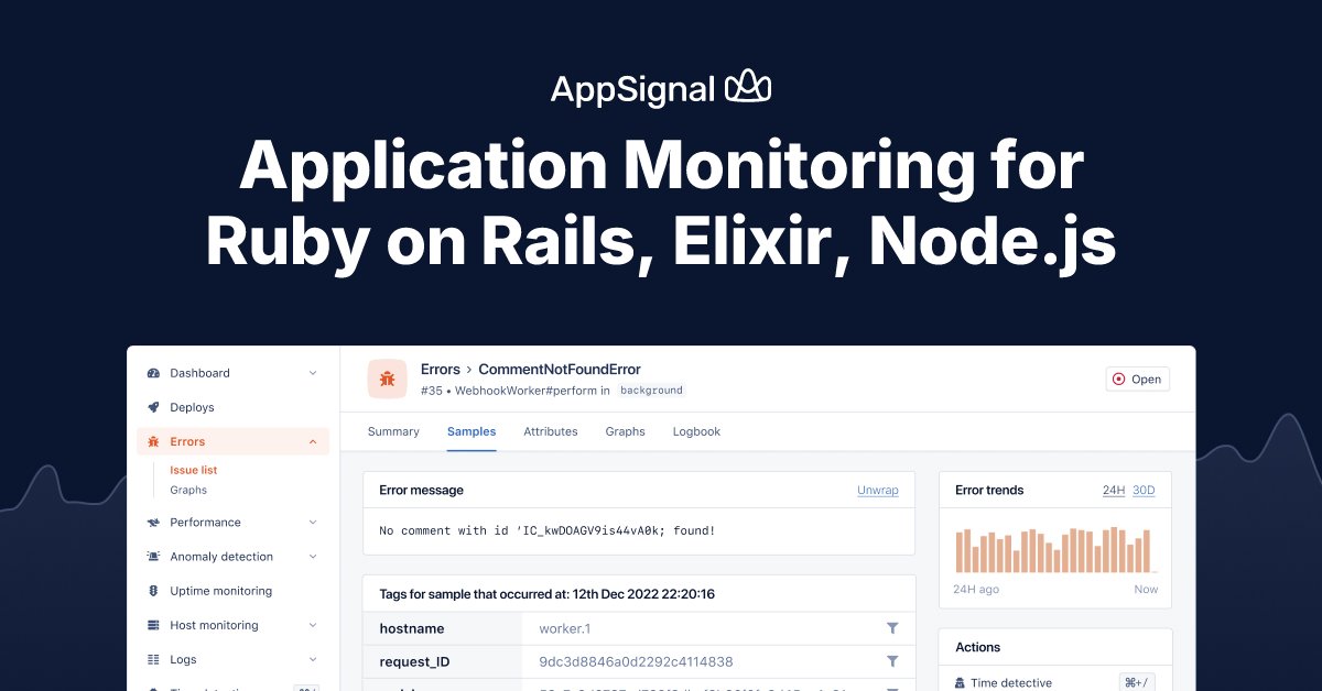 djangogirlsho's tweet card. AppSignal APM offers error tracking, performance monitoring, dashboards, host metrics, and alerts. Built for Ruby, Ruby on Rails, Elixir, Node.js, and JavaScript.